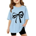thumbnail image 2 of Letdown Girl's Casual Crew Neck T-Shirt Bow Print Loose Soft Short Sleeve Pullover Pullover Tee Drop Shoulder Tops (Light Blue,13-14 Years), 2 of 5