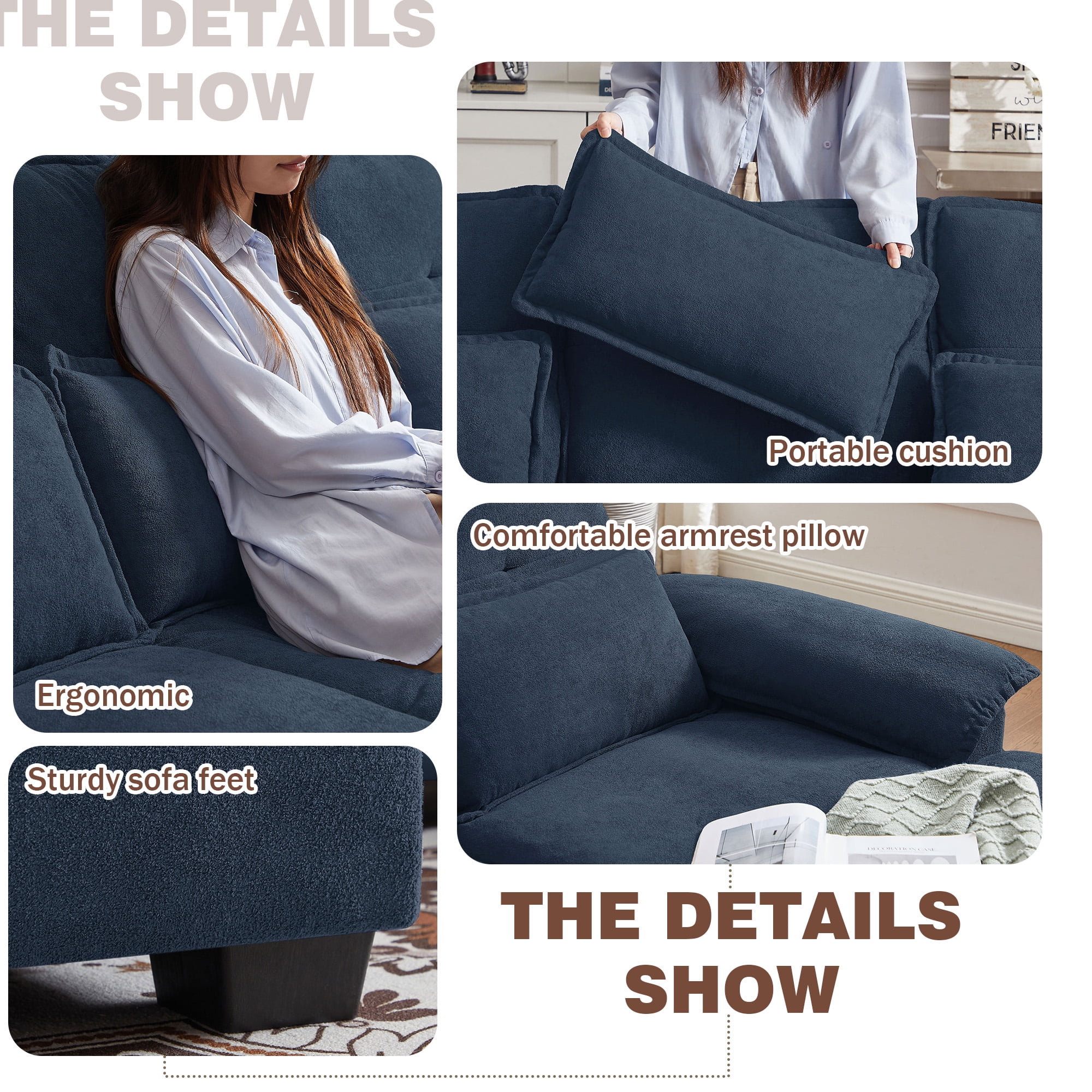 Soscana Sectional Sofa 4 Seat U Shaped Couch with Double Chaise, Modern Linen Sofa with Backrest Pillows for Living Room Apartment Office Studio,Dark Blue