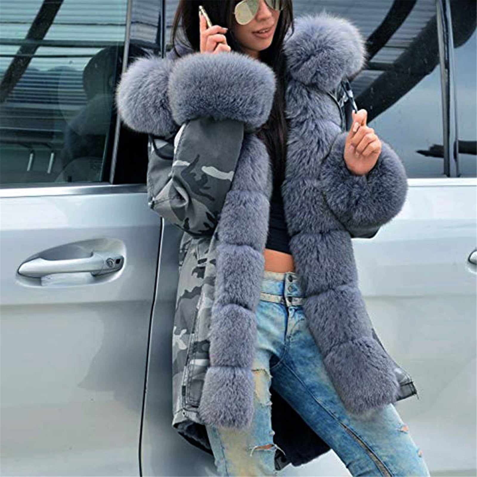 Sleeve Outwear Faux-Fur Long Hooded Winter Fishtail Front Women\'s Open WGOUP Shaggy Jacket,Gray Camo-Coat