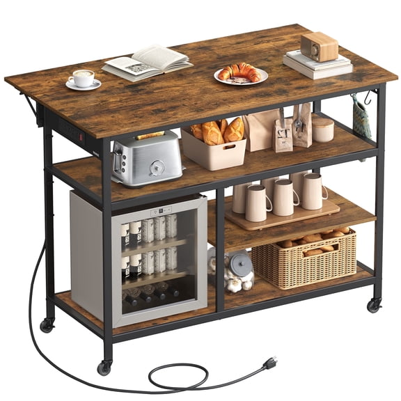 Kitchen Island with Drop Leaf, Kitchen Workbench with Extendable Worktop, Kitchen Cart, Pegboard, Power Strip, Adjustable Shelf, Rustic Brown and Ink Black