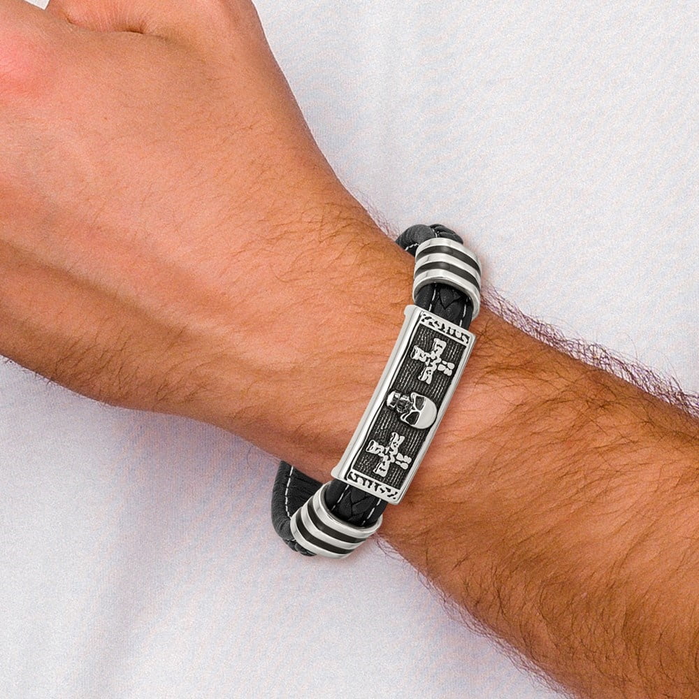 Diamond2Deal Stainless Steel Enameled Skull with Crosses Black Braided Faux Leather Bracelet for Men 8.5"
