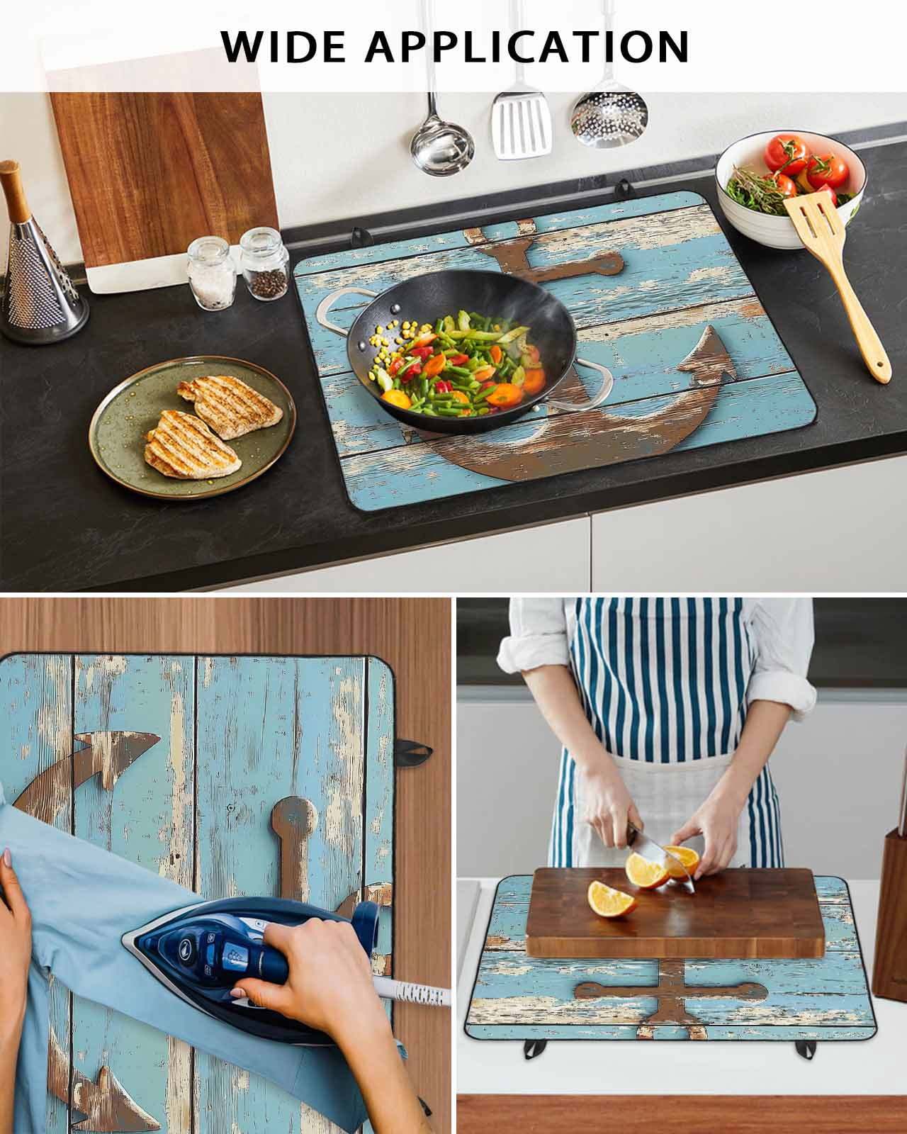 nqOlkjepod Large Induction Cooktop Protector Mat 24"x21", Vintage Brown Anchor Stove Top Covers for Electric Stove, Nautical Farmhouse Blue Wooden Stove Burner Cover Mats, Glass Top Stove Cover
