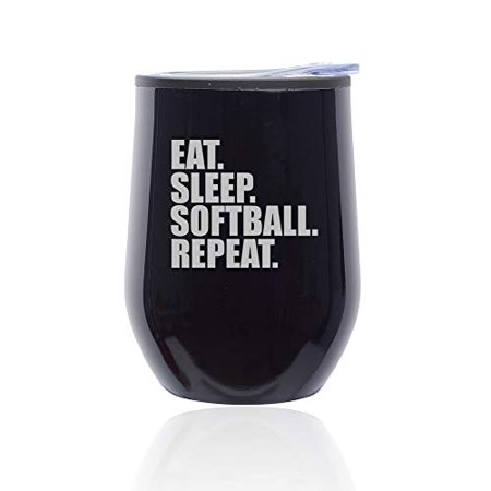 

Stemless Wine Tumbler Coffee Travel Mug Glass With Lid Eat Sleep Softball Repeat (Midnight Black)