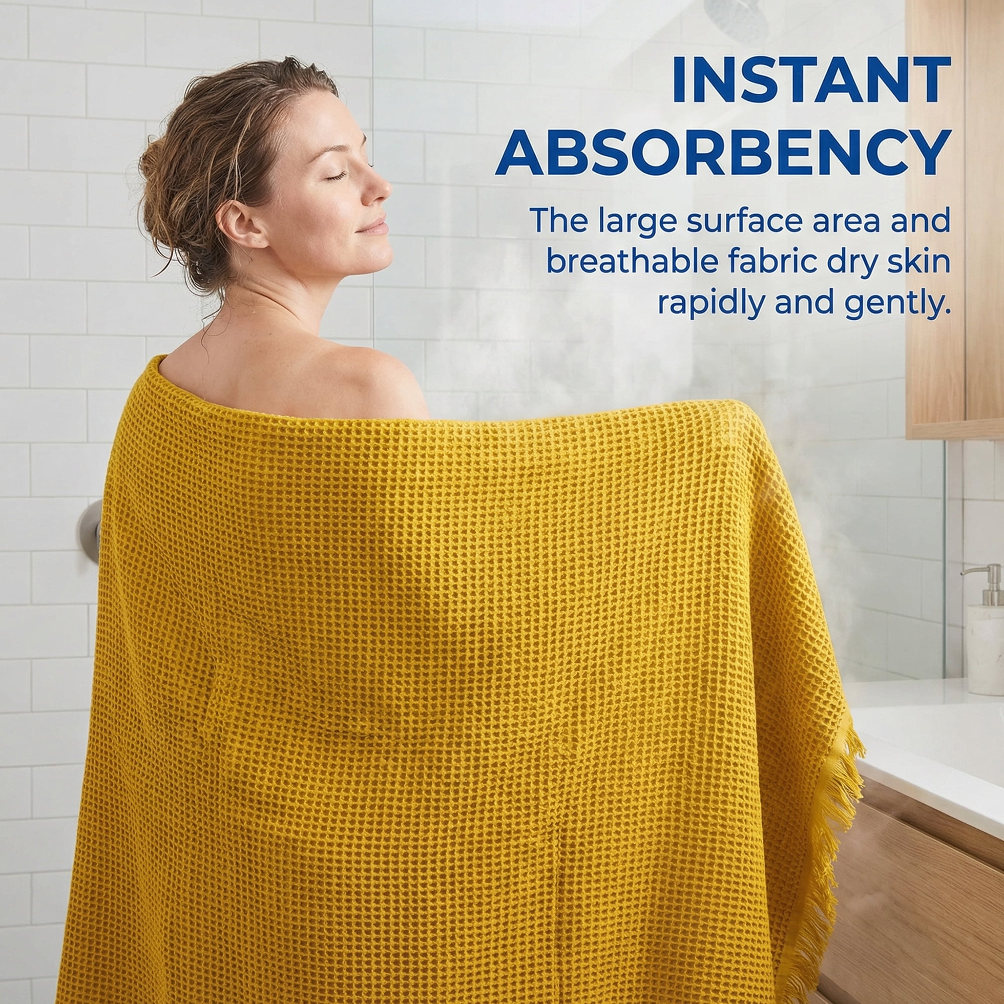 Unique Bargains Highly Absorbent Cotton Waffle Bath Towel with Tassel Yellow 71" x 35"