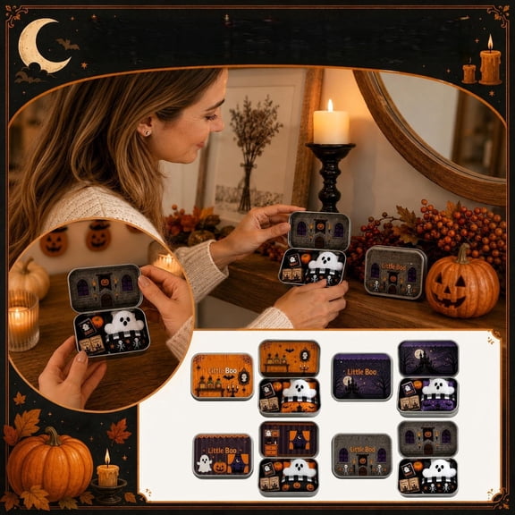 Mini Pocket Halloween Ghost Tin Box Set, Portable Metal Storage Case,Vintage Cute Halloween Decor Indoor Desk Ornament, Spooky Halloween Theme Decor for Home & Gift(B)