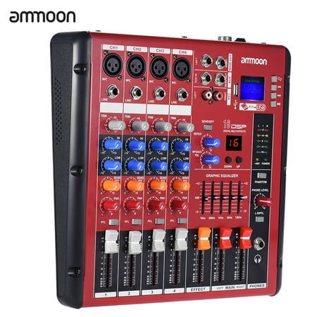 ammoon Digital 4-Channel Mic Line Audio Mixer Mixing Console 2-band EQ with 48V Phantom Power USB Interface for Recording DJ Stage Karaoke Music