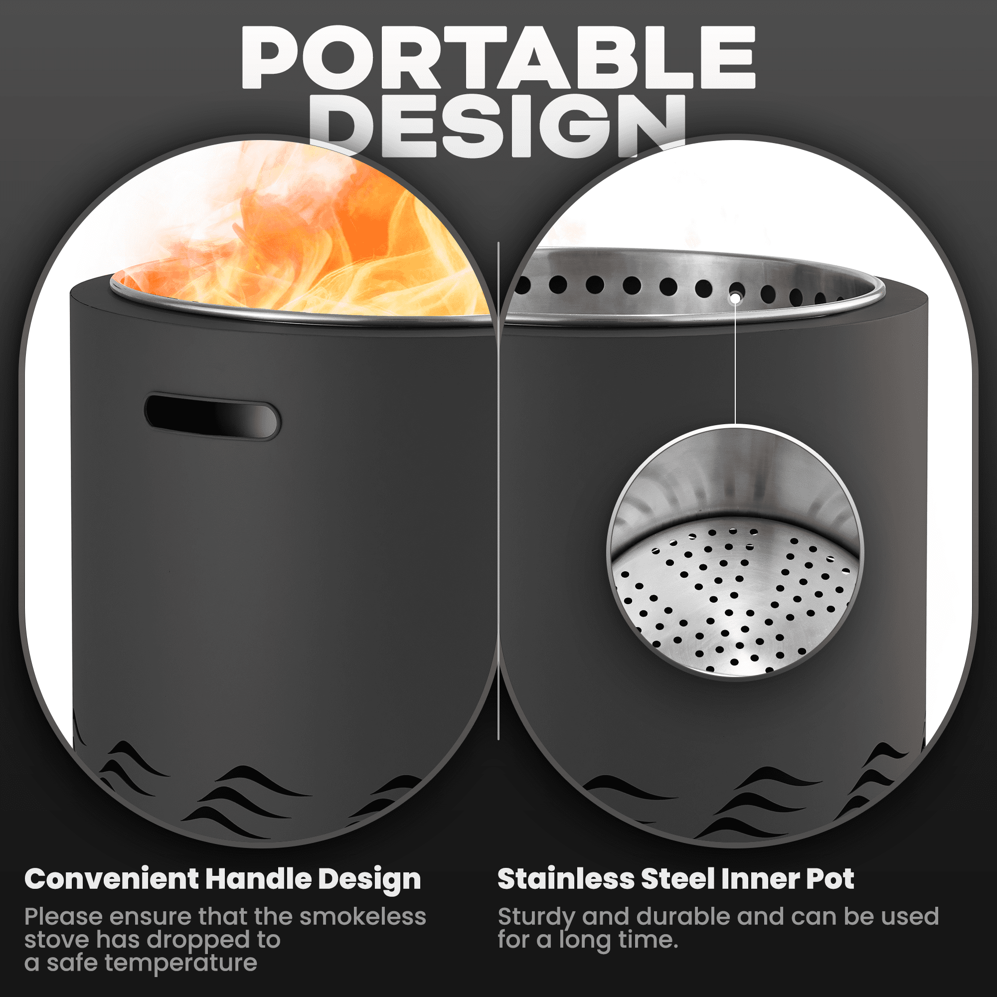 Naipo Smokeless Fire Pit, 20" Portable Stainless Steel Outdoor Fire Pit for Patio Camping, Portable Fire Pit Burning Wood, Particles, Lightweight Fireplace Burning Firepit Ideal for 2-4 People 20lbs