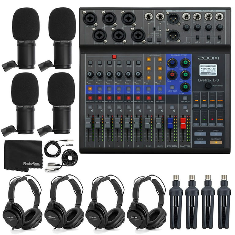 Zoom LiveTrak L-8 Portable 8-Channel Digital Mixer and Multitrack Recorder  + 4x Zoom ZDM-1 Mic with Headphones, Windscreens and Stands + Cleaning