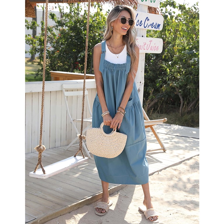 midi romper dress Puwei Women's Loose Overall Dress Adjustable Straps Casual Barrel Midi Dress Bib Romper with Pockets, Size: Medium, Blue