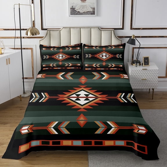 Southwestern Geometric Quilt Set Western Aztec Coverlet Set Boho Exotic Tribal Bedspread Set Queen Rustic Farmhouse Home Decor Bohemian American Bed Set 2 Pillow Cases