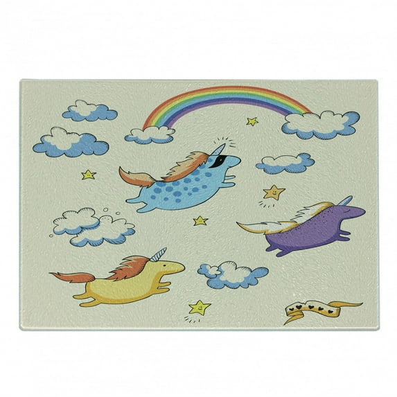 Unicorn Cutting Board, Pastel Colored Illustration of Several Flying Pony Unicorns in the Air Art, Decorative Tempered Glass Cutting and Serving Board, Small Size, Multicolor, by Ambesonne