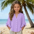 thumbnail image 6 of PiGOGI Girls Ruffle 3/4 Sleeve V-Neck Button Down Top Solid Color Soft Casual Blouse for Kids Purple 9Years, 6 of 8