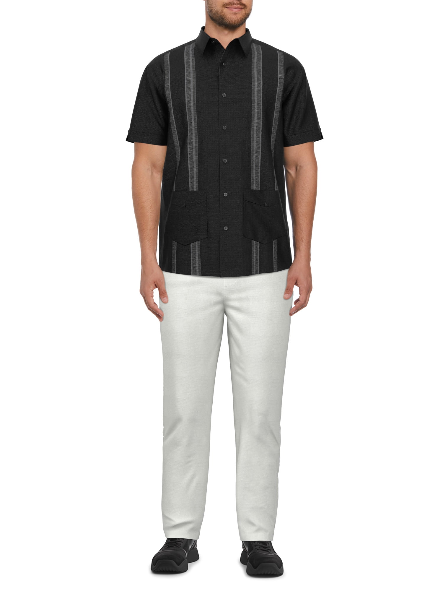 Cafe Luna Men’s Stripe Panel Short Sleeve Guayabera Shirt, up to Size 5XL
