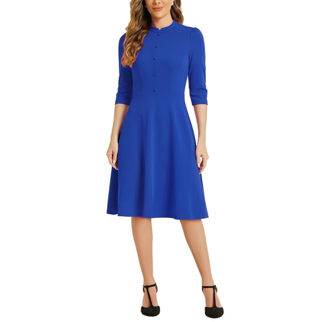 INSPIRE CHIC Robe Vintage pour Femme Manches 3/4 Col Montant Robe de Bureau Ligne A TP Bleu Royal