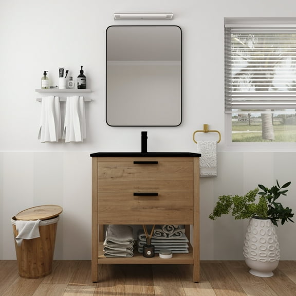 Noble House 30" Bathroom Vanity with Black Sink, Plywood Freestanding Cabinet, 2 Soft-Close Drawers, Imitative Oak