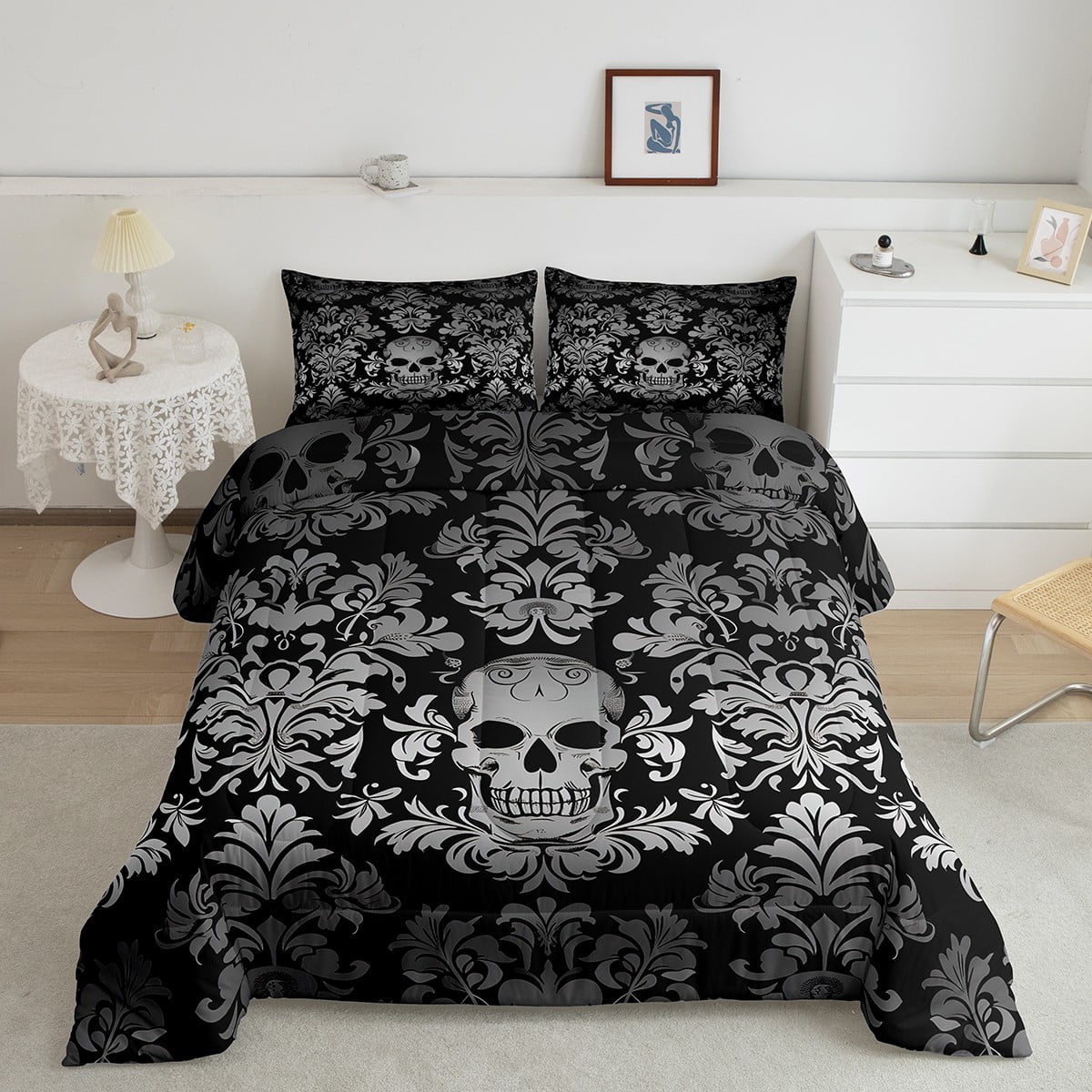 Adults Gray Damask Bedding Set Antique Victorian Baroque Comforter Set Queen Size,Gothic Vintage Floral Quilt Exotic Sugar Skull Duvet Insert,Gothic Bone Skeleton Bohemian Decor,Black