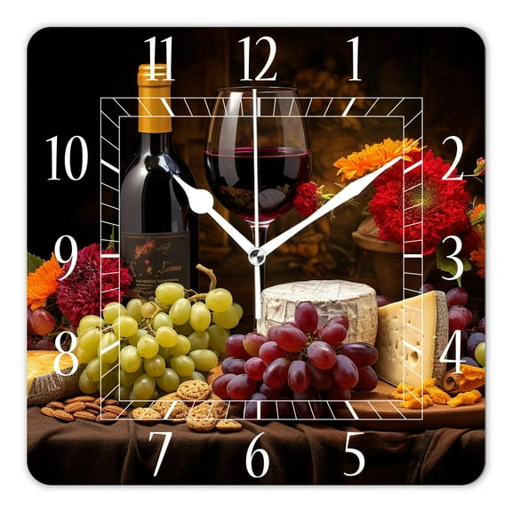 10 Inch Wall Clock Battery Operated Silent Clock Decorative for Office, Kitchen, Outdoor, Living Room，Wine and Grapes Print