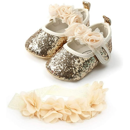 

2pcs/Set Newborn Baby Girl Princess Mary Jane Shoes Toddler Infant Wedding Dress Flat Shoes with Free Headband