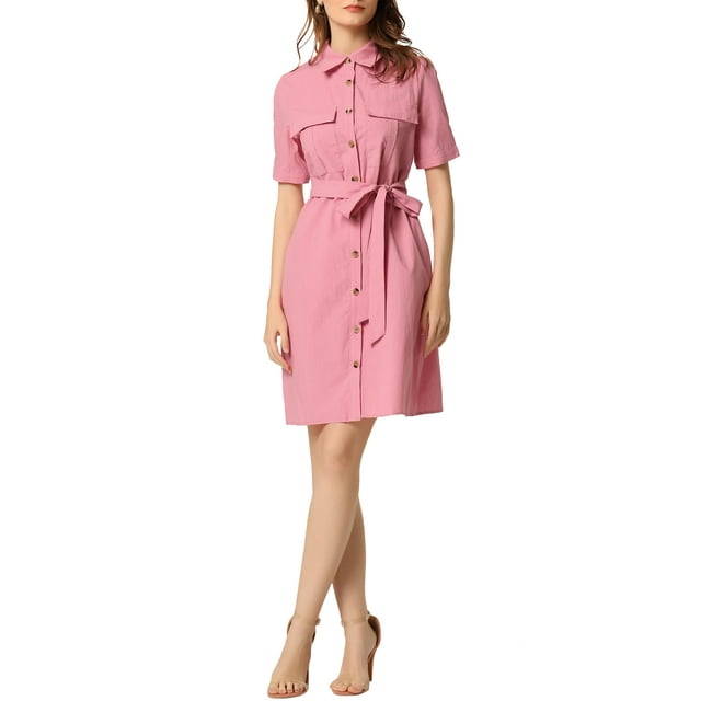 INSPIRE CHIC Robe Chemise Boutonnée à Col pour Femme à Manches Courtes Style Safari avec Poches et Ceinture Rose TP