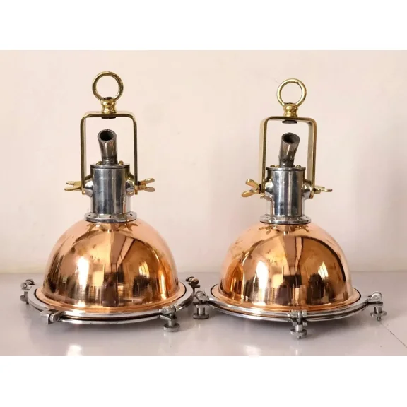 Vintage Copper and Chrome Industrial Pendant Light | Nautical Steampunk Dome Ceiling Fixture Set of 2