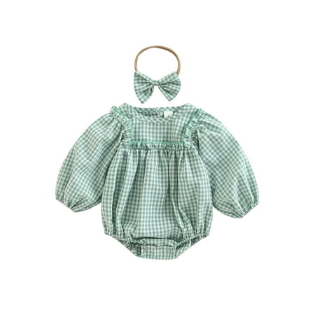 

Sunisery Baby Girls Romper Plaid Lantern Long Sleeve Jumpsuits Casual One-Piece Clothes with Headband 0-18Monthes