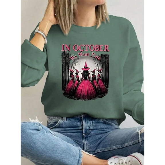 Women's Breast Cancer Awareness Sweatshirt in October We Wear Pink Halloween Ghost Sweatshirt Pink Ribbon Warrior Tee