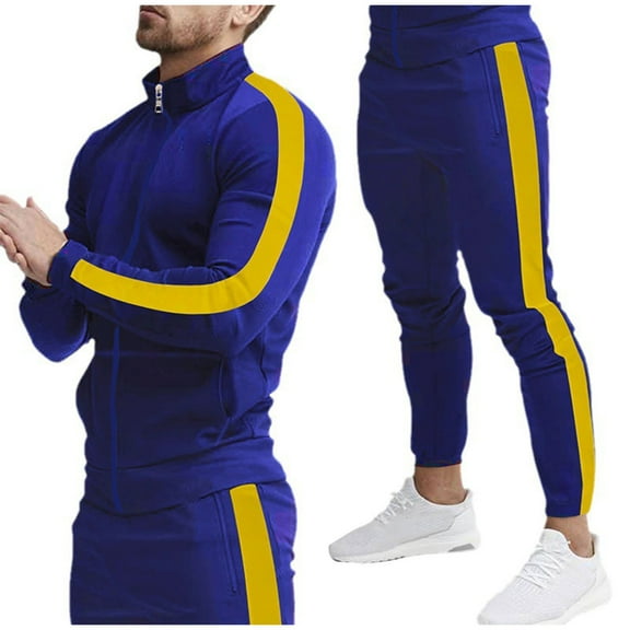guisaled Mens Sweatsuit Set Full Zip Stand Collar Sports Jogging Suits Colors Block Patchwork Workout 2 Piece Sweatsuits with Pockets