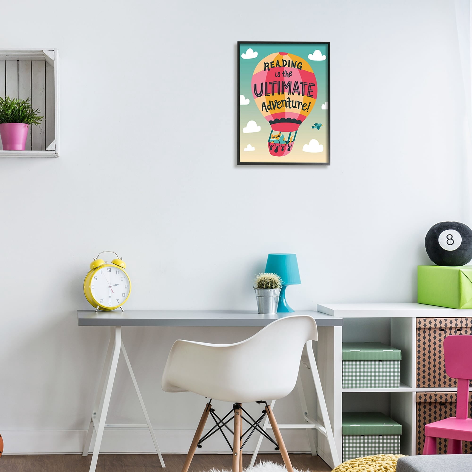 Stupell Reading Adventures Cat in a Hot Air Balloon with Clouds Framed Wall Art, 11x14, Multi-color 16 x 20