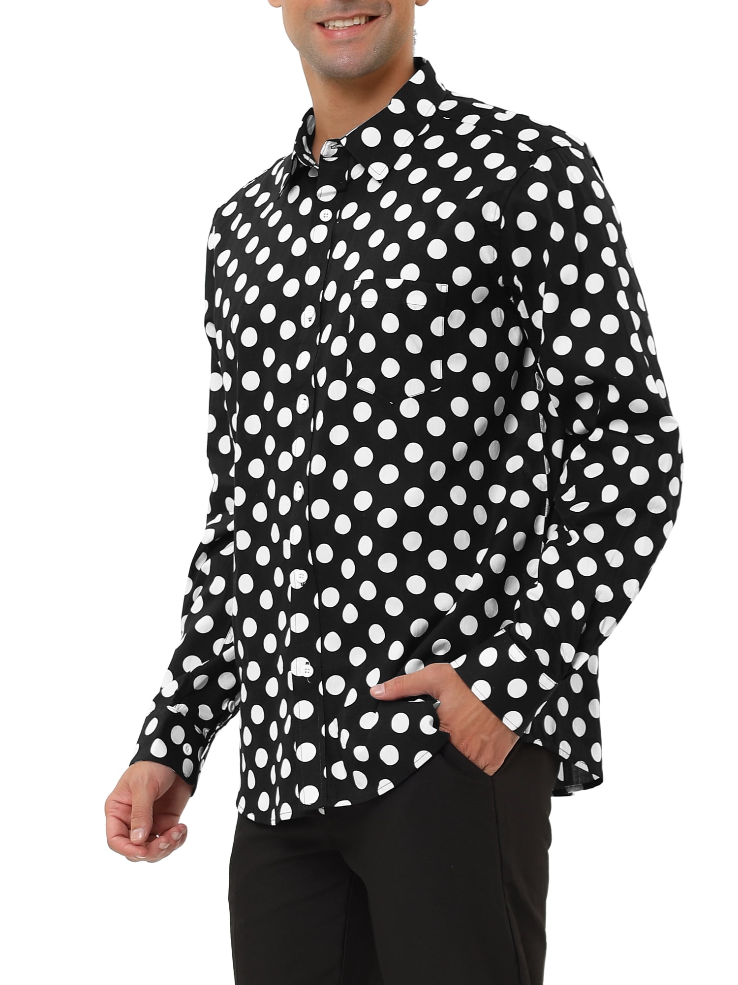 Unique Bargains Men's Long Sleeve Button Slim Polka Dots Shirt 34 Black White