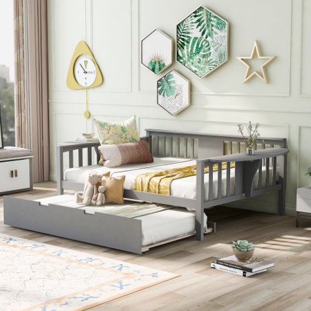 Full Size Platform Bed Frame with Twin Size Trundle  Wood Daybed Frame for Kids with Headboard and Footboard Shelves  No Box Spring Needed  Sofa Bed for Bedroom Living Room  Gray