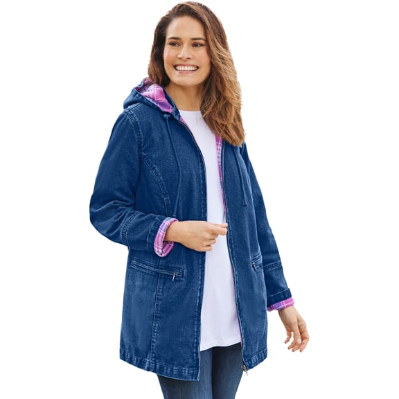 Woman Within Plus Size Flannel-Lined Denim Jacket Removable Hood Long Oversized Jean Coat