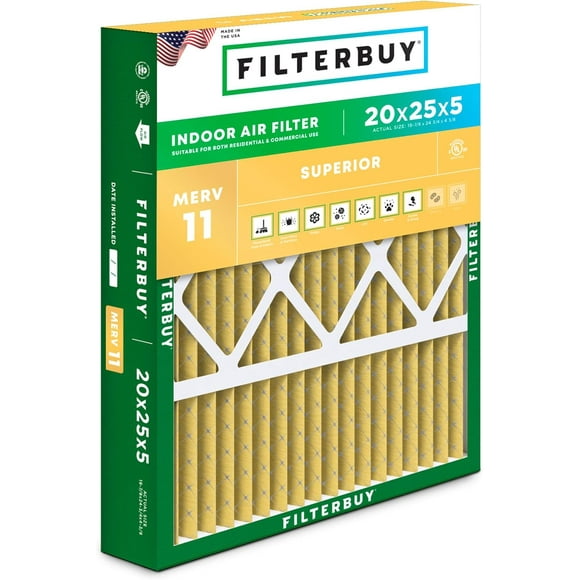 Filterbuy 20x25x5 MERV 11 (MPR 1200) Allergen Defense, Pleated HVAC AC Furnace Air Filters for Honeywell FC100A1037, Lennox X6673, Carrier, & More (1-Pack)