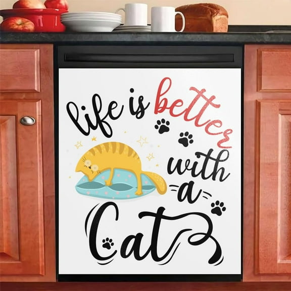 Life Is Better With A Cat Magnetic Dishwasher Cover – Decorative Reusable Decal for Washer, Fridge, and Cabinet Doors, Stylish Washing Machine Panel Cover for Kitchen Appliances (23x26 in)