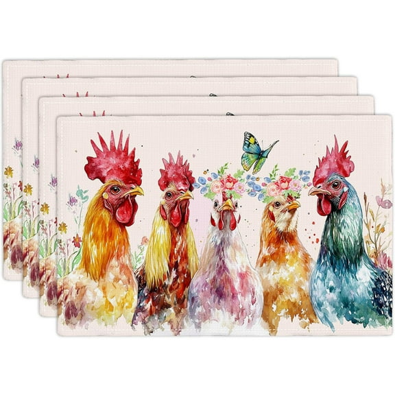Farmhouse Rooster Placemats Set of 4, 12x18 Inch Country Chicken Table Place Mat Rustic Farm Animal Washable Non-Slip Heat Resistant Fabric Placement Mats for Dining Kitchen Indoor Outdoor Decor
