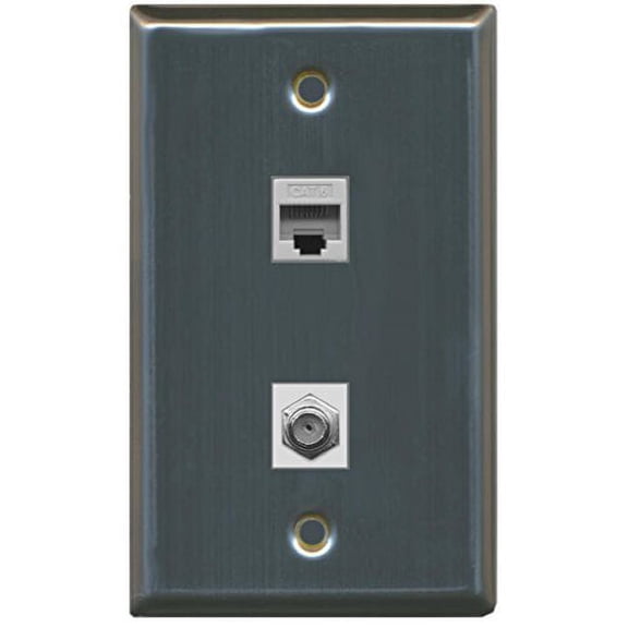 RiteAV - 1 Port Coax Cable TV- F-Type 1 Port Cat6 Ethernet Wall Plate - Stainless Steel/Gray