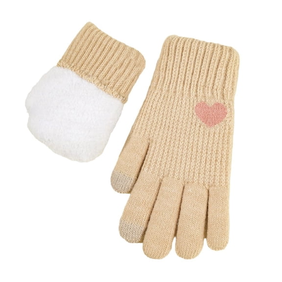 Beige Ladies Winter Gloves Jacquard Knit Love Heart Touchscreen For Warmth And Cold Protection Polyester Fabric One Size Comfort Fit