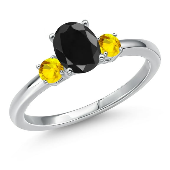 Gem Stone King 14K White Gold Black Sapphire and Yellow Sapphire Engagement Ring for Women | 1.37 Cttw | Oval 7X5MM | Gemstone September Birthstone | Size 8