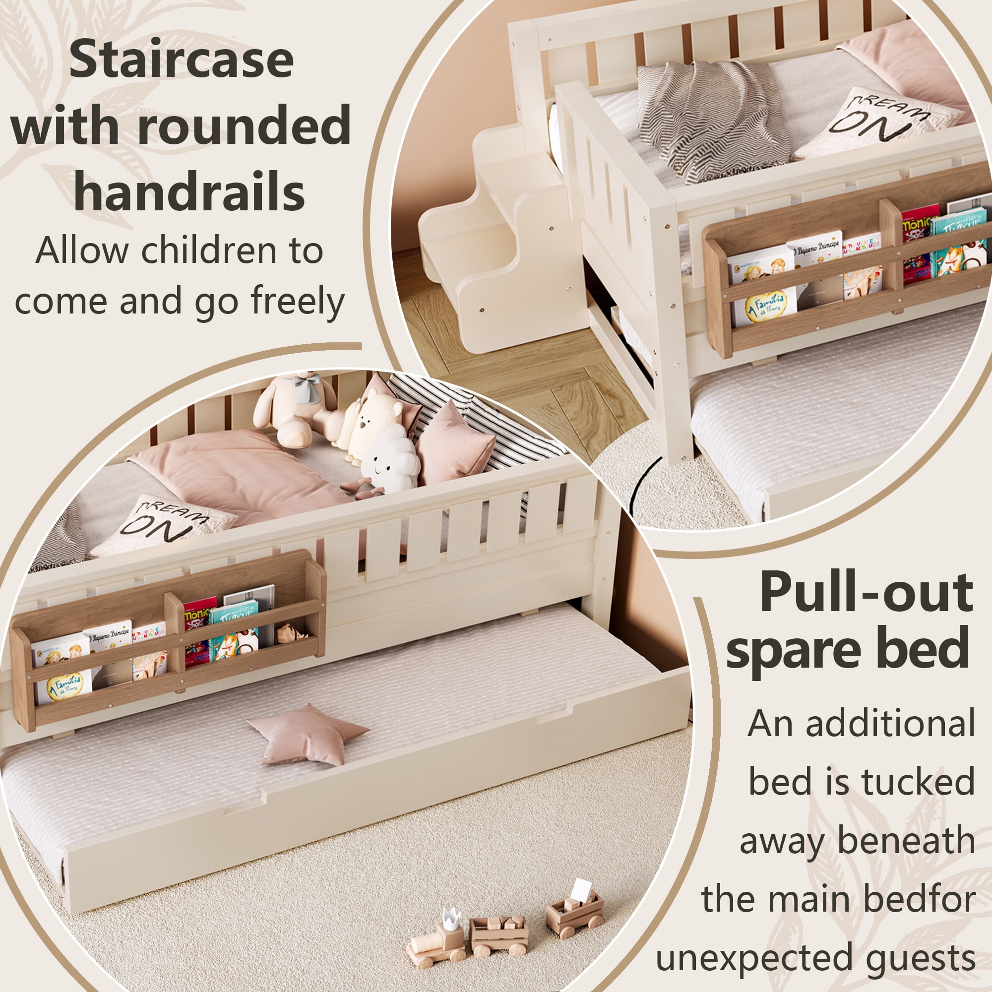 Twin Bed with Bookshelf and Trundle 79.1 Inch, Solid Wood Frame with Staircase and Safety Rails, Space-Saving Kids Bed with Storage, Beige