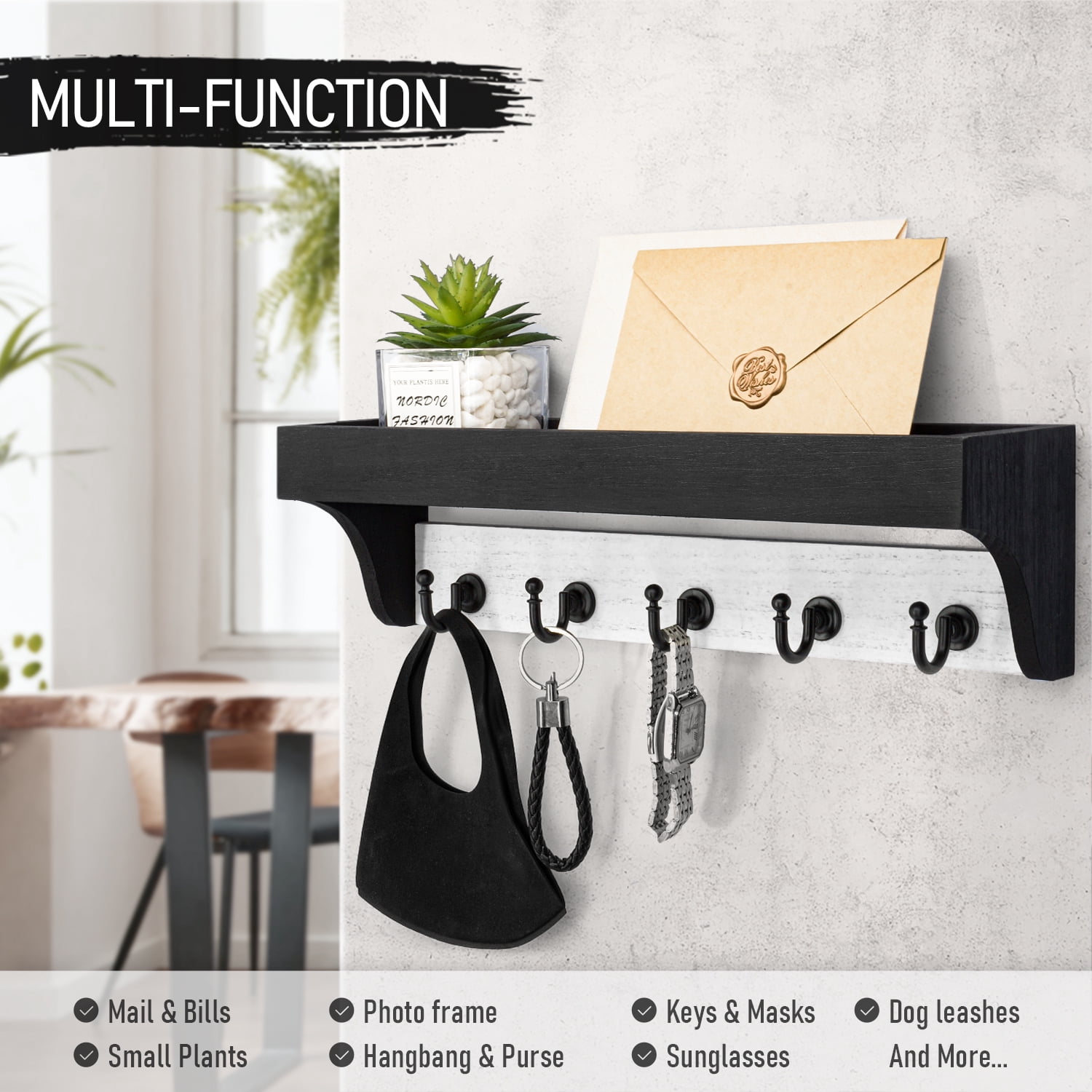 Rebee Vision Decorative Key Holder Wall Mount with Shelf - Modern Key and Mail Organizer with 5 Keys Hooks (Black & White)