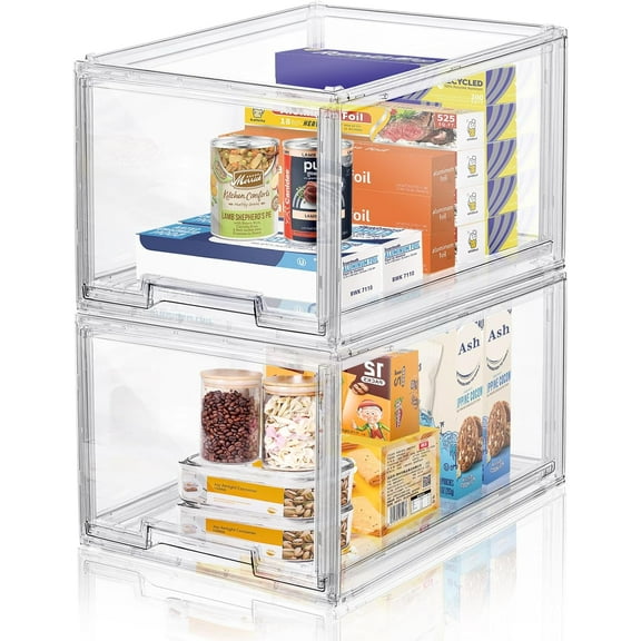 2 Packs Plastic Stackable Storage Organizer Bins with Pull Out Drawer, Large Clear Acrylic Storage Drawers Container Boxes for Fridge Pantry Shelf Clost Refrigerator Organization and Storage