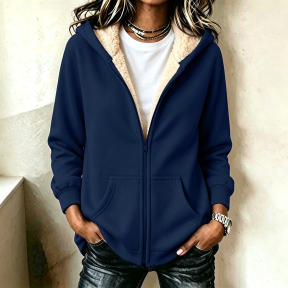 Women's Fleece Hoodie - Warm Long Sleeve Pullover Sweatshirt, Navy