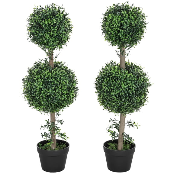Pair of 2 Potted Artificial Boxwood Topiaries, Fake Indoor Outdoor Plants for Home Garden Decor