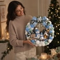 thumbnail image 5 of Snowman Pom Pom Christmas Wreath, Pastel Blue Pom Pom Christmas Wreath, Snowman & Lighted Cabin Accent, Unique Winter Front Door Decoration, 5 of 6