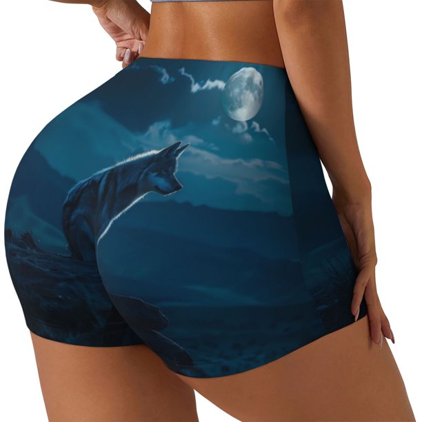 Balery Lonely Night Wolf Pantalones cortos de entrenamiento estampados para mujer, sin costuras, ajustados, para gimnasio, yoga, correr, deportes, ejercicio activo, fitness.-X-Large