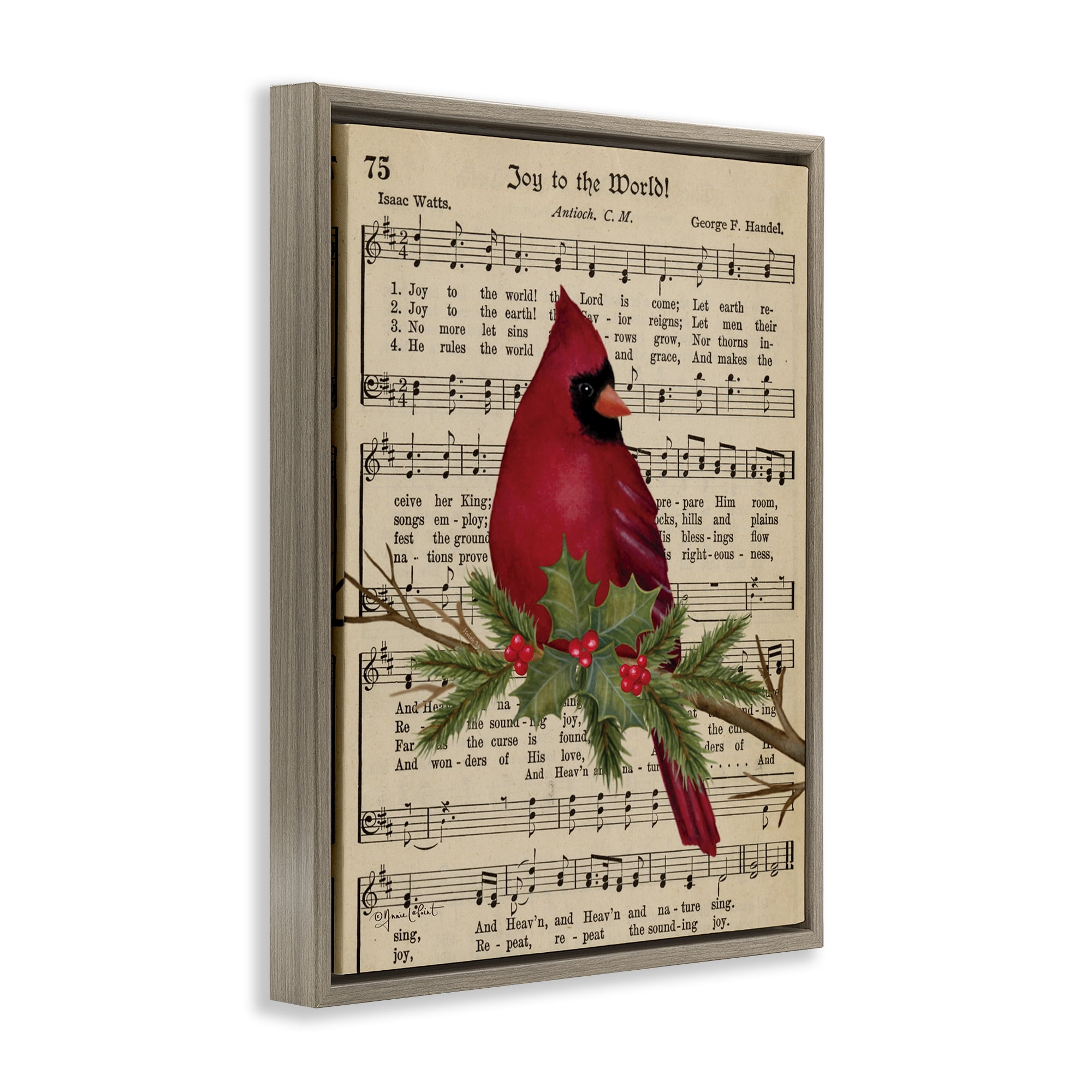 Stupell Industries Cardinal on Holiday Music Holiday Painting Brown Floater Framed Canvas Art Prints Wall Art, 17 x 21