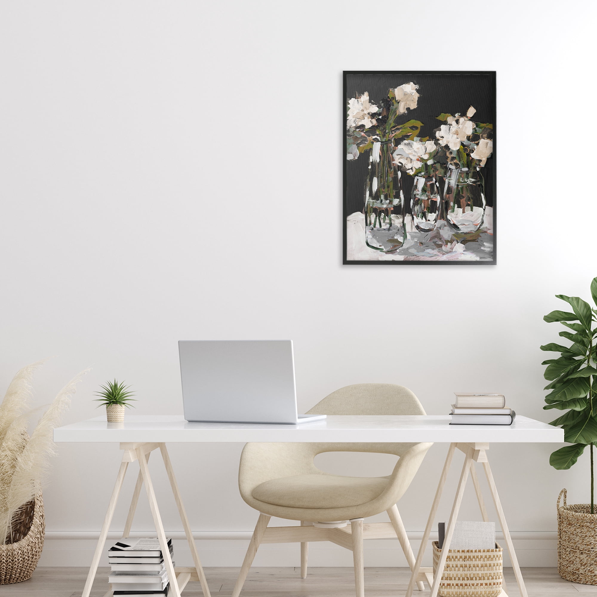 Stupell Industries Three Flower Vases on Black Black Framed Giclee Art, design by Jane Slivka