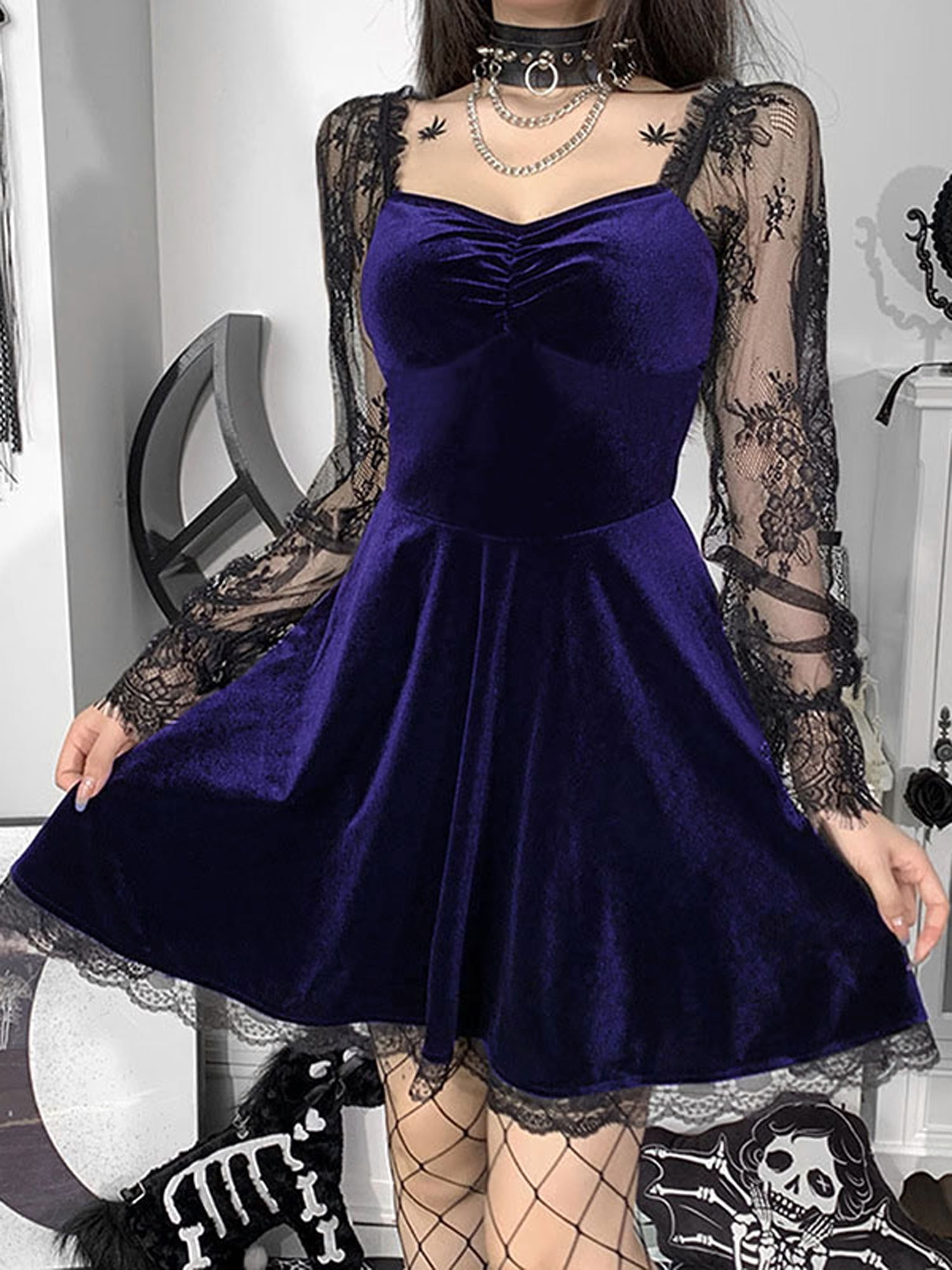 Abito Donna Vintage Grunge In Tulle E Mesh - Nero/Viola/Blu, Scollo A Spiaggia, Mini A-Line, Taglie S-XXL - 3