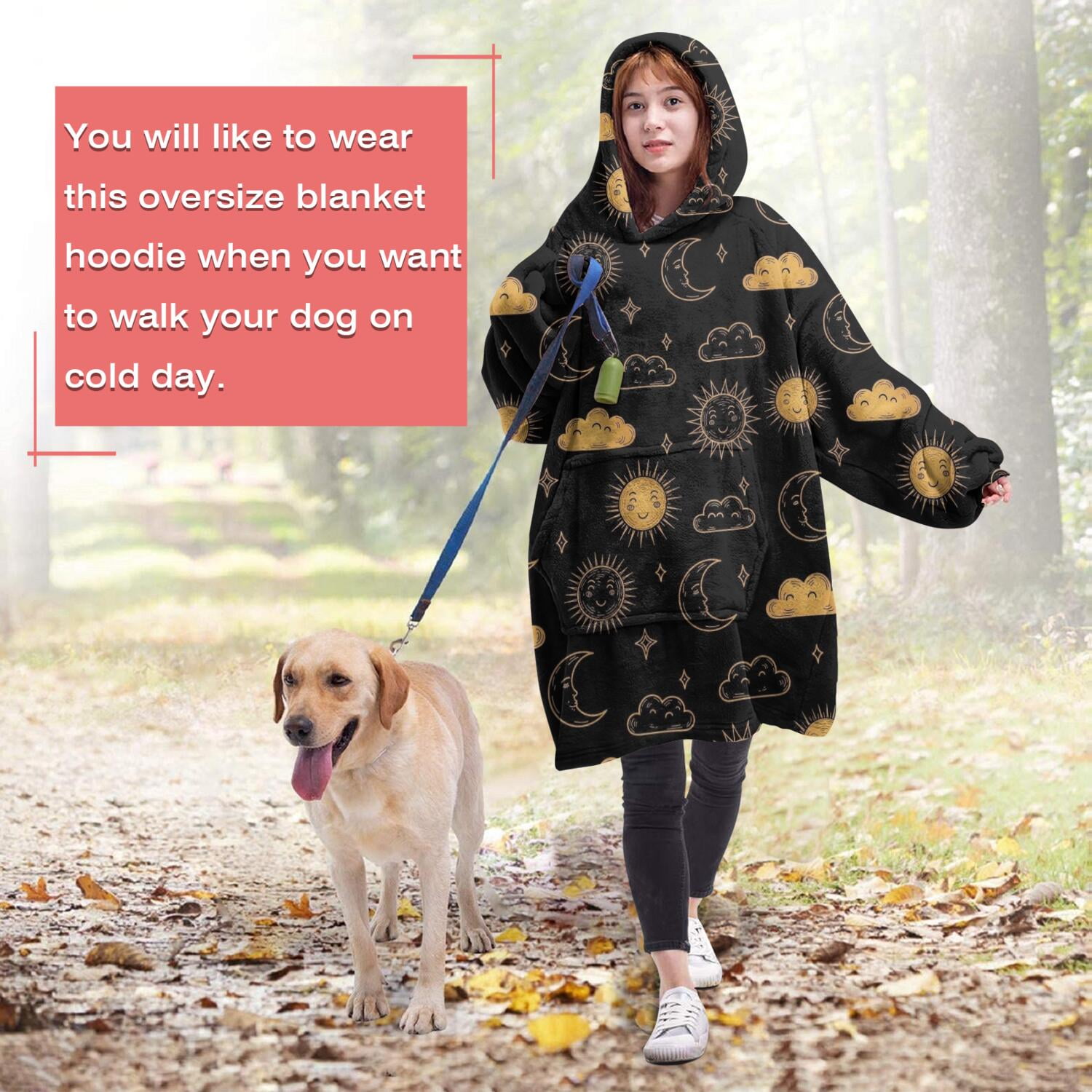 Wearable Oversized Blanket,Black Sun Moon Cloud Pattern Wearable Blanket Hoodie for Adults,Cozy Hooded Blankets with Super Pockets,Super Warm Fuzzy Pullover for Women & Men