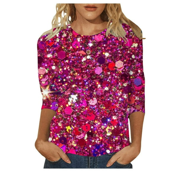 Women T Shirt Ladies Casual Crew Neck Carnival Sequin Effect 3/4 Length Sleeve T Shirts Top Tshirts Women Hot Pink L