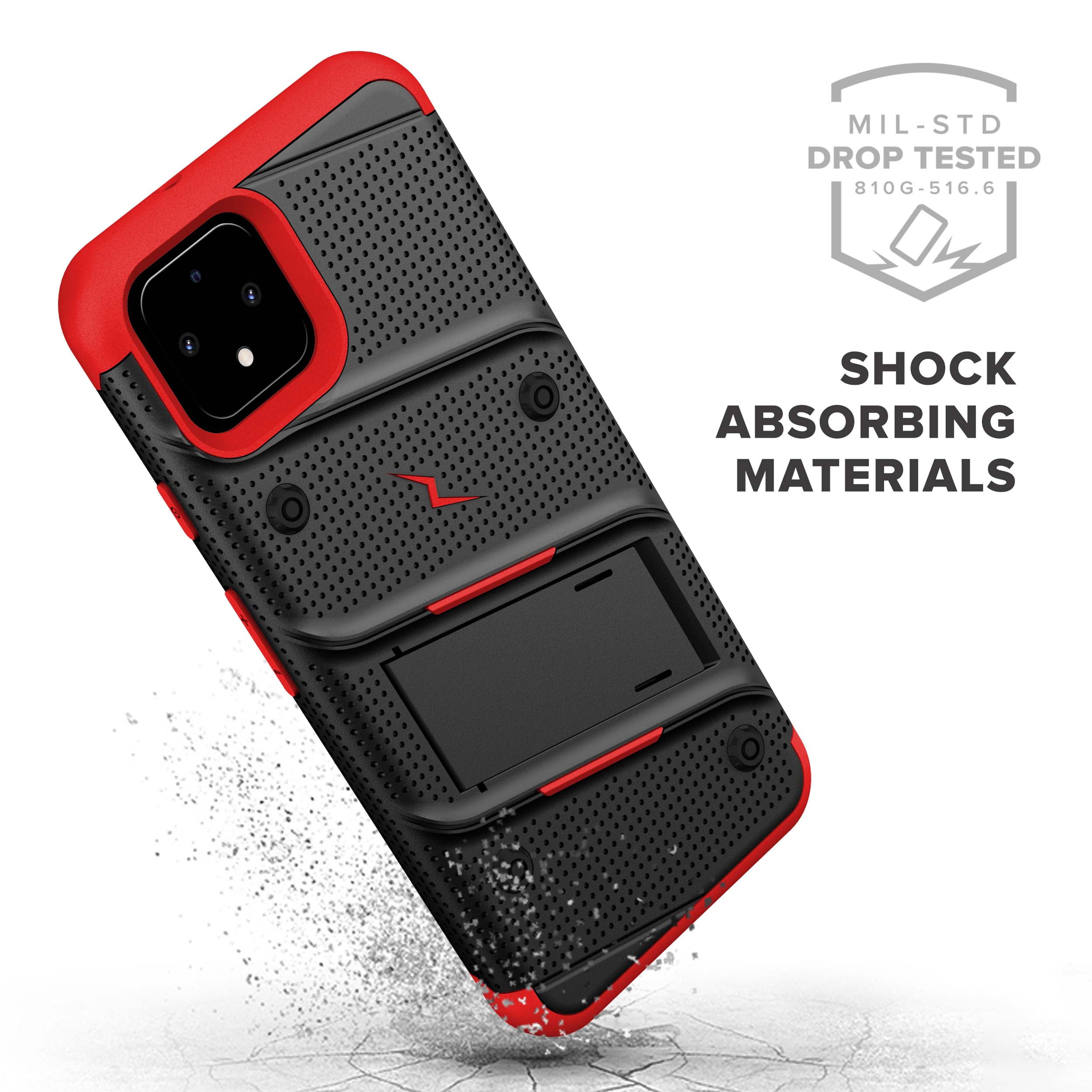 ZIZO BOLT Series Google Pixel 4 XL Case | Heavy-duty Military-grade Drop Protection w/ Kickstand Included Belt Clip Holster Tempered Glass Lanyard (Black/Red)